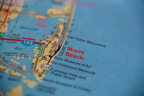 Miami Beach on Florida Map Stock Photos