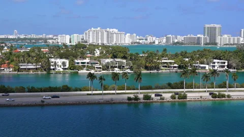 Miami-beach-skyline-biscayne-bay-palm-lined-causeway-florida- Stock Footage 332088243