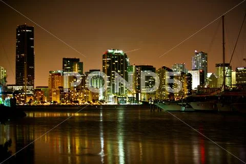 Miami Beach skyline at night Stock Photos