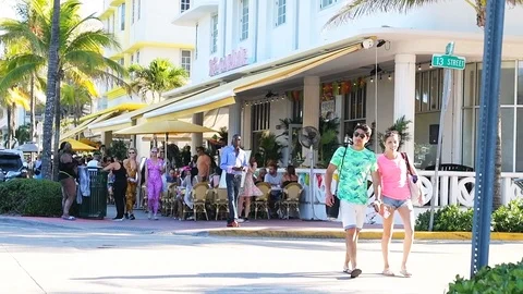 Miami Beach, USA South Beach Ocean Drive with The Carlyle hotel Stock Footage 101987060
