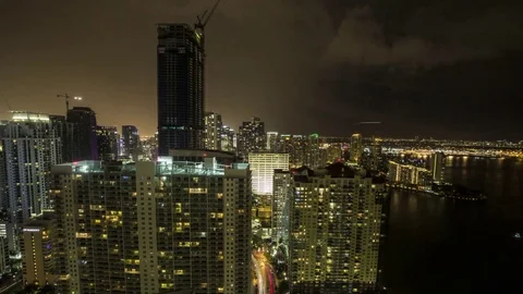 Miami: Buildings with Storm Clouds and Fog, Night to Day, Wide Video stock 76692086