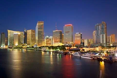 Miami city skyline at night, Dade County, Florida, United States Stock Photos
