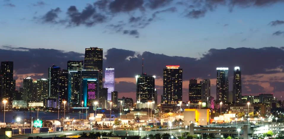 Miami City skyline panorama at night Stock Photos
