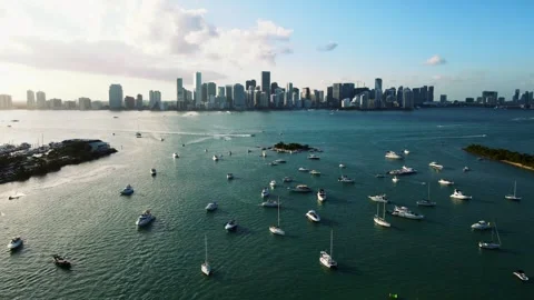 Miami Downtown Brickell Drone Sunset view wih Yachts Stock Footage 296348651