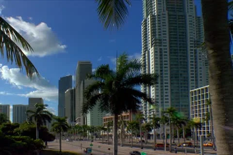 Miami downtown skyline along Biscayne blvd in early morning Stock Footage