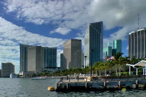 Miami downtown skyline seen from bayfront in early morning Stock Footage