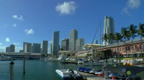 Miami downtown skyline seen from bayfront in morning Stock Footage