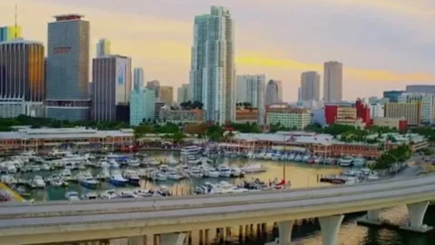 Miami Drone View of Waterfront Marina, Yachts and City Skyline Stock Footage 342712880
