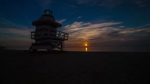 Miami, FL - 2015, Aug 2: Lifeguard Stand Sunrise Timelapse Miami Stock Footage 310562897