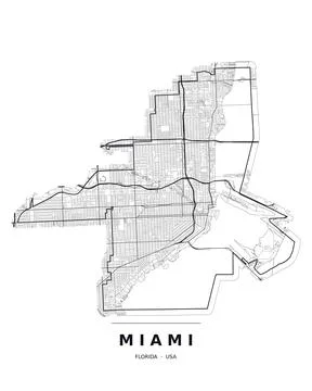 Miami FL Street Map Road Network Highways Black White Editable Vector Stock Illustration