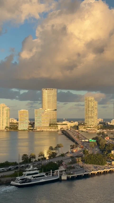 Miami Florida skyline with E Port Boulevard, buildings, and water at sunset 動画素材 329685769