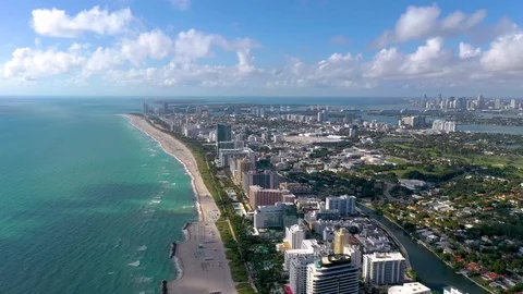 MIAMI, FLORIDA, USA - JANUARY 2019: Aerial drone panorama view flight over South Stock Footage