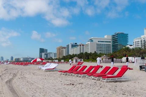 Miami, Florida USA - March 20, 2021: south beach miami sunbed at seaside beach Stock Photos