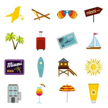 Miami icons set, flat style Ilustración de archivo
