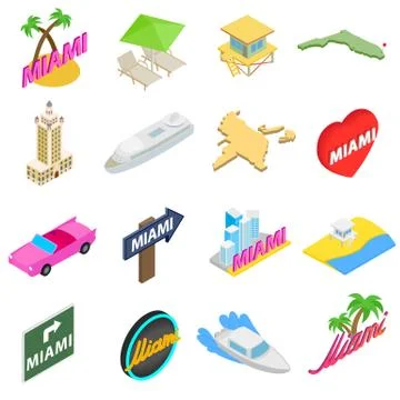 Miami icons set, isometric 3d style Ilustración de archivo