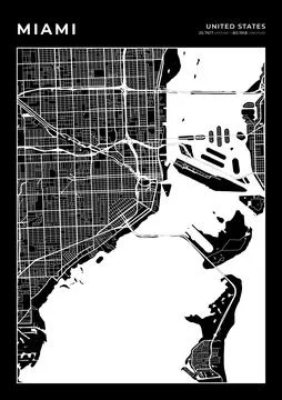 Miami Map Wall Art Frame, Cartography Map Print, City Layout Map Stock Illustration