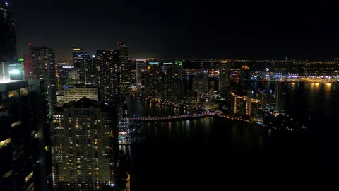 Miami at Night over Brickell bay Stock Footage 72689697