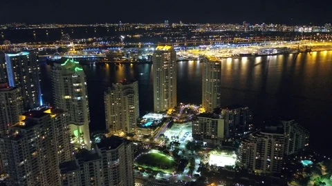 Miami at night over Brickell Key Stock Footage 72689695