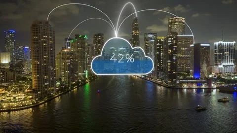 Miami night skyline with digital cloud graphic and connectivity lines. Stock Footage 279744681