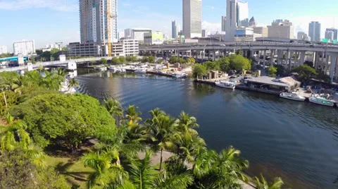 Miami River and Downtown Miami Stock Footage