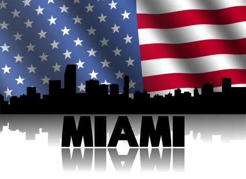 Miami skyline and text reflected with rippled american flag illustration Ilustración de archivo