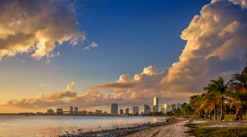 Miami Skyline Durign Sunset Time Lapse from Key Biscayne Florida Stock Footage