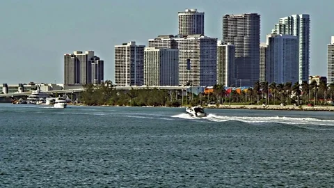 Miami Skyline with MacArthur Causeway Stock Footage 84525517