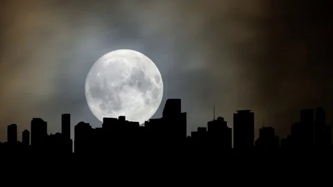 Miami Skyline by Night: Time Lapse with Full Moon and Clouds, Florida, USA Stock Footage 105964227