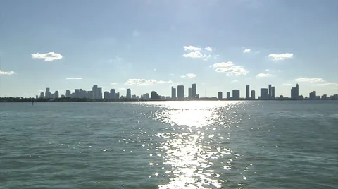 Miami skyline seen from a boat navigating Stock Footage 68458095