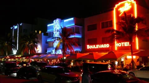 Miami South Beach Ocean Drive at night pan 24p Stock Footage