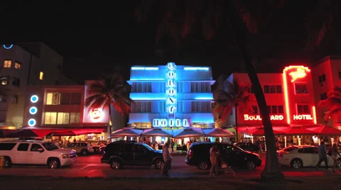 Miami South Beach Ocean Drive at night Stock Footage