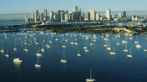 Miami, USA - Aerial view of Biscayne Bay at sunrise Downtown city Stock Footage