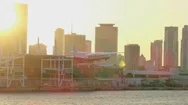 Miami, Usa - Aerial View At Sunset Of Seaplane Flying City Stock Footage