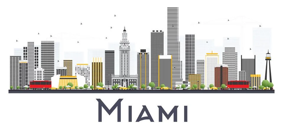 Miami USA City Skyline with Gray Buildings Isolated on White Background. Stock Illustration