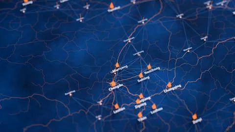 Mianyang map big data visualization. Futuristic map infographic of city in China Stock Illustration