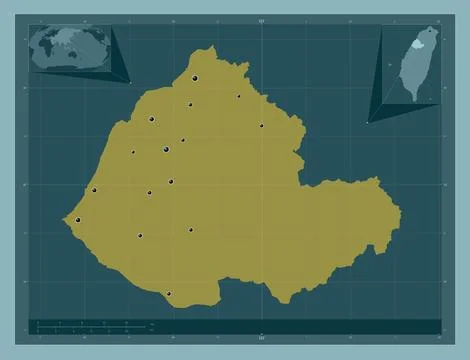 Miaoli, Taiwan. Solid color shape. Locations of major cities of the region Stockillustratie