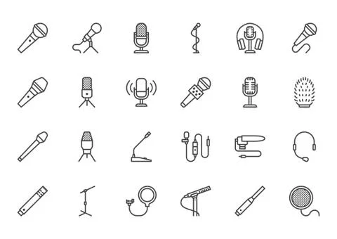Mic flat line icons set. Podcast mike, journalist microphone, karaoke Illustrazione stock