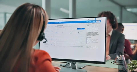 Mic, woman or computer screen with help in call center for network glitch Stock Footage 341458721