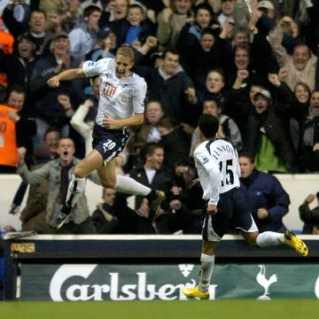 Michael Dawson Of Spurs' Celebrates Equaliser With Aaron Lennon To Make It 1-1.  Stock Photos