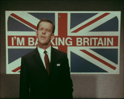 Michael Smee talking about campaign called "I'm backing Britain" in TV, 1968 Stock Footage 133361409