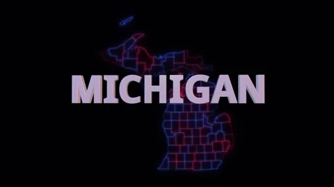 Michigan 3d name over red blue county map seamless loop Видео 343866186