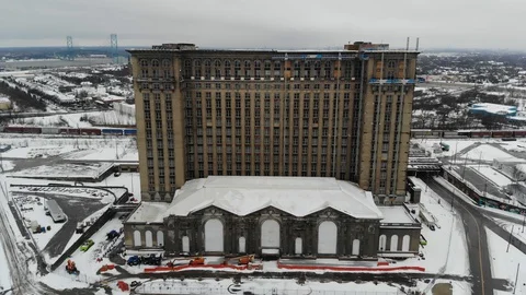 Michigan Central Train Depot Winter Drone Shot Stock Footage 129772451
