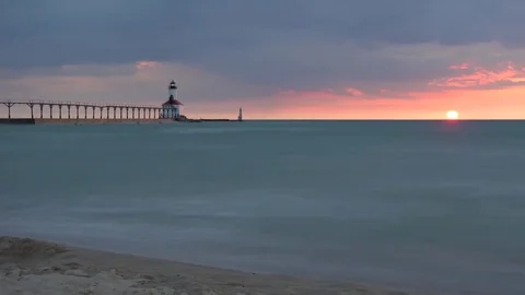 Michigan City Lighthouse Sunset time Lapse Stock Footage