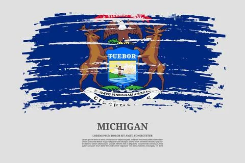 Michigan flag with brush stroke effect and information text poster, vector Stock Illustration