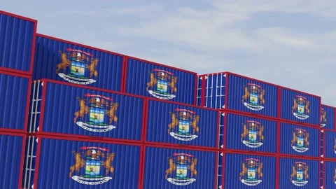 Michigan flag containers are located at the container terminal. Stock Footage 160821790