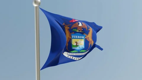 Michigan flag on flagpole. MI flag fluttering in the wind. USA. Stock Footage 170658341