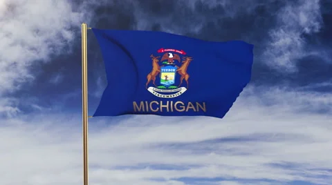 Michigan flag with title waving in the wind. Looping sun rises style.  Animation Video stock 48170512