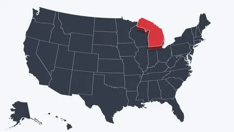 Michigan Highlighted Raised in 3D on US Election Map Red Fill Scheme, White Stock Illustration