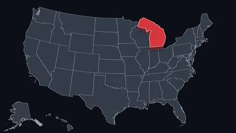 Michigan Highlighted Raised in 3D on US Election Map Red Fill Scheme, Black Stock Illustration