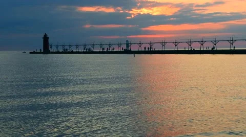 Michigan Lighthouse and Pier Stock Footage 64596461